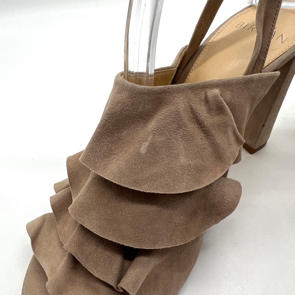 ALEXANDRE BIRMAN Ruffle Suede Heels Womens 37 Taupe Leather Ankle Wrap Sandal - Picture 11 of 16